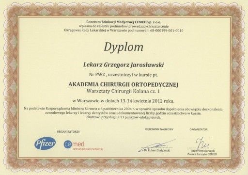 grzegorz jaroslawski ortopeda certyfikat kolano