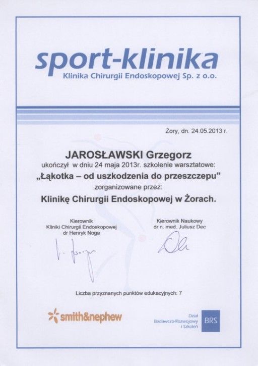 grzegorz jaroslawski ortopeda certyfikat lakotka
