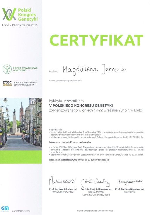 magdalena janeczko certyfikat genetyka